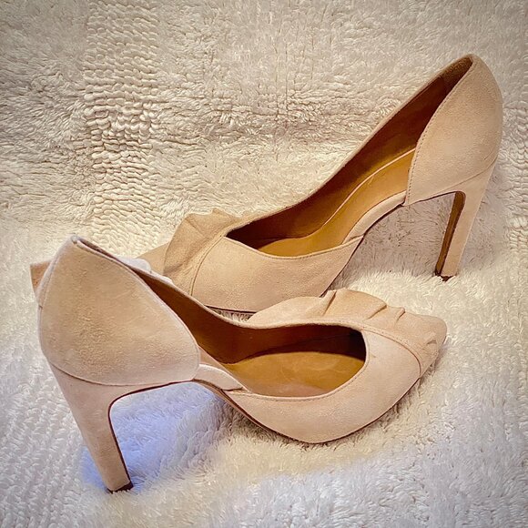 Beige Suede Ruffled Pump Heel - Picture 3 of 10